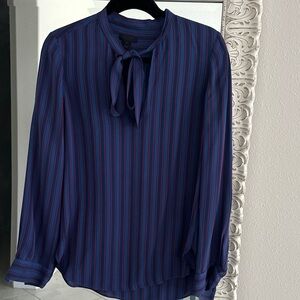 J. Crew Silk Navy and Red Striped Tie-Neck Blouse